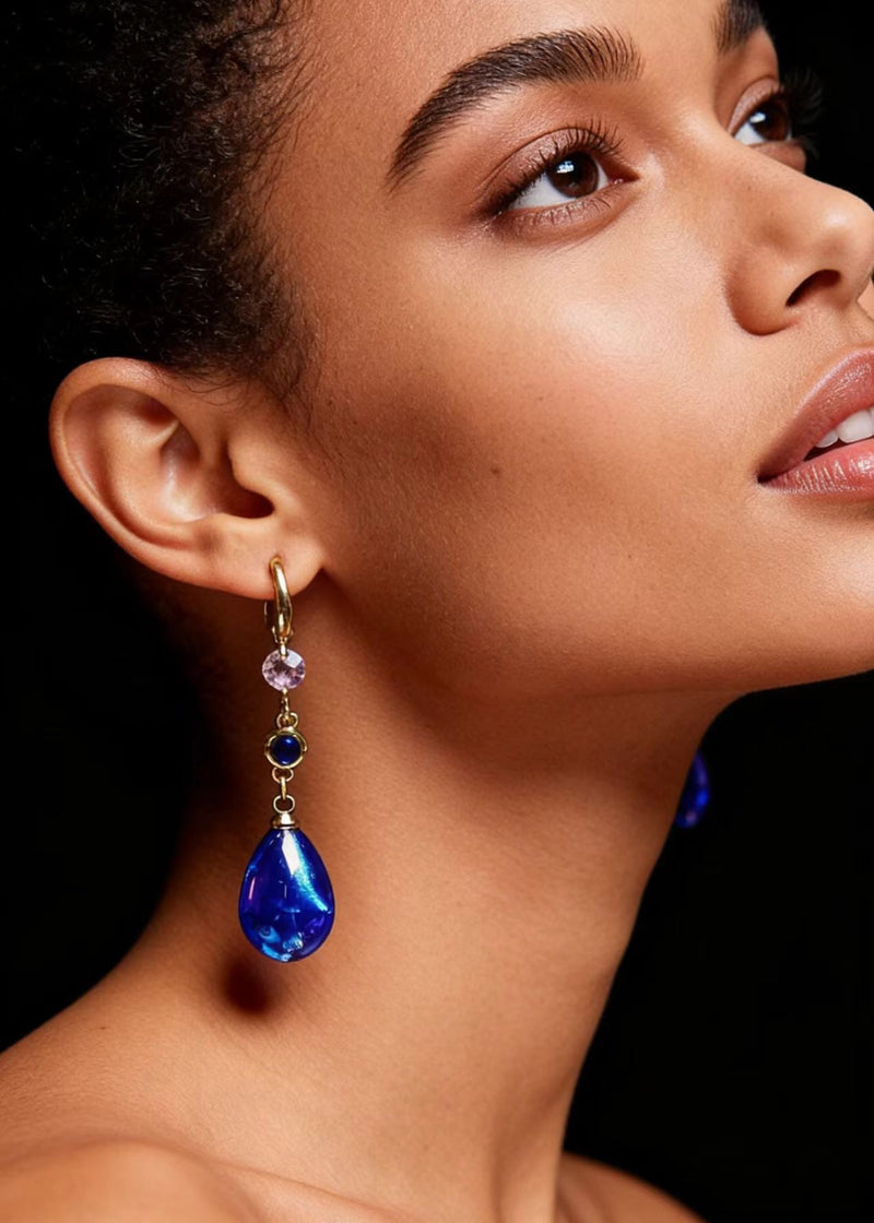 Peacock Blue Water Droplet Gem Stone Drop Earrings