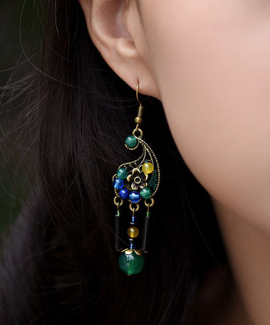 Peacock Green Agate Metal Drop Earrings