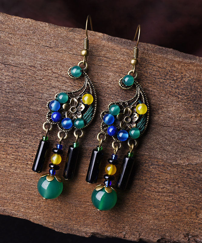 Peacock Green Agate Metal Drop Earrings