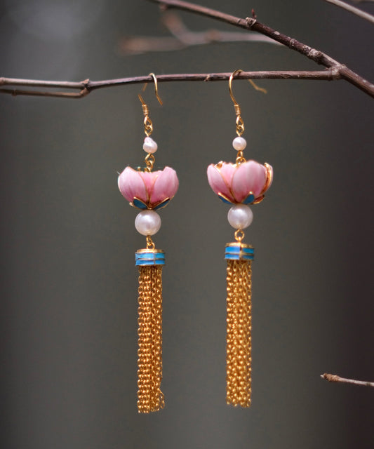 Pink Sterling Silver Overgild Feathers Inlaid Lotus Drop Earrings