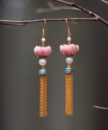 Pink Sterling Silver Overgild Feathers Inlaid Lotus Drop Earrings