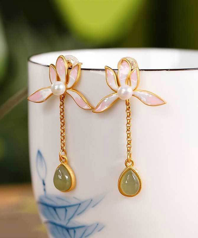 Pink Sterling Silver Overgild Inlaid Jade Drop Earrings