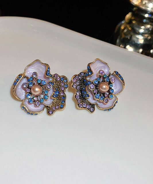 Purple Alloy Zircon Pearl Drip Glaze Stud Earrings