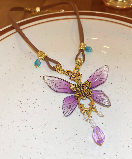 Purple Sterling Silver Alloy Crystal Butterfly Pendant Necklace Ra014