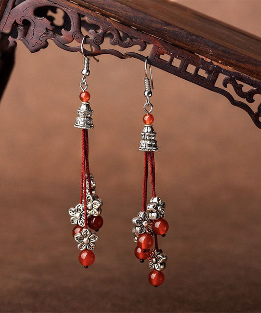 Red Agate Beads Silver Flower Drop Earrings