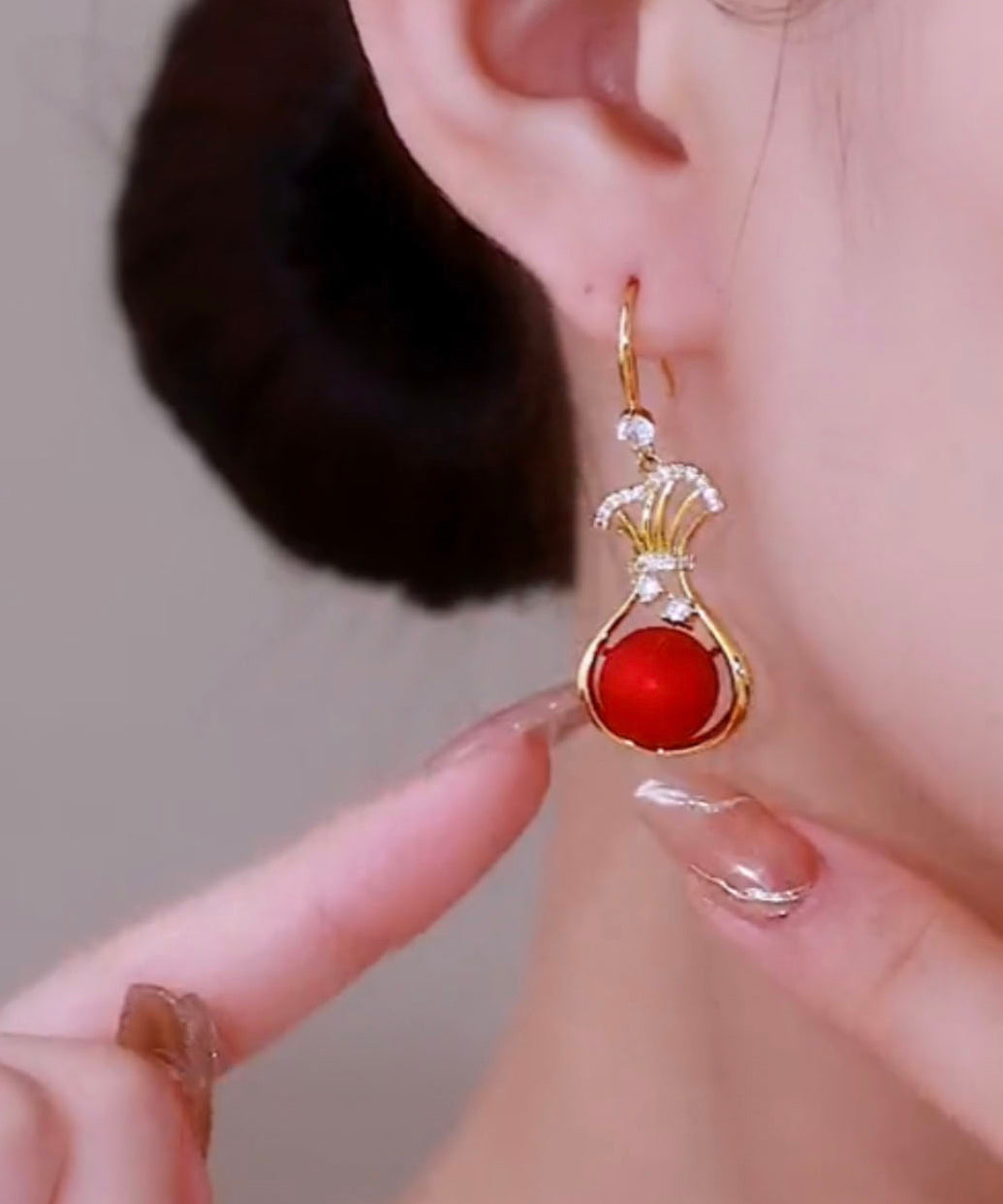 Red Stering Silver Overgild Zircon Pearl Money Bag Drop Earrings