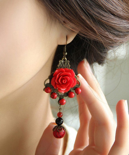 Red Sterling Silver Alloy Agate Turquoise Tassel Drop Earrings