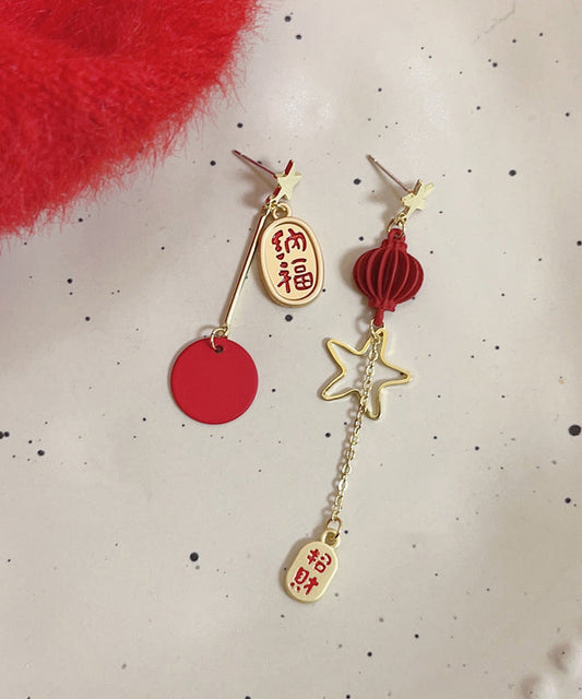 Red Sterling Silver Alloy Asymmetric Star Lantern Tassel Drop Earrings