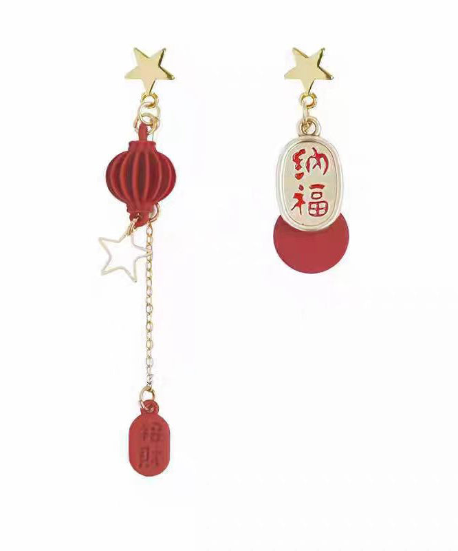Red Sterling Silver Alloy Asymmetric Star Lantern Tassel Drop Earrings