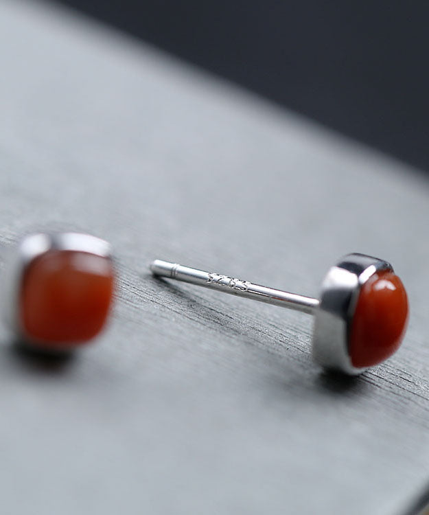 Red Sterling Silver Inlaid Agate Stud Earrings Tw1034