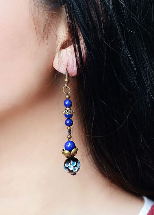 Royal Blue Lotus Gem Stone Copper Drop Earrings