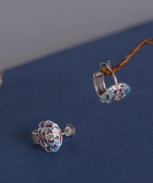 Silk Sterling Silver Cloisonne Peony Flower Stud Earrings