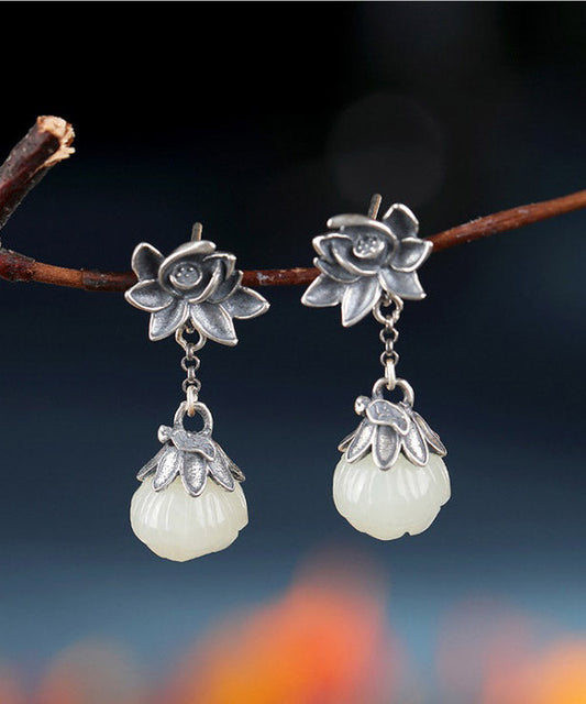 Sterling Silver Inlaid Pearl Lotus Drop Earrings
