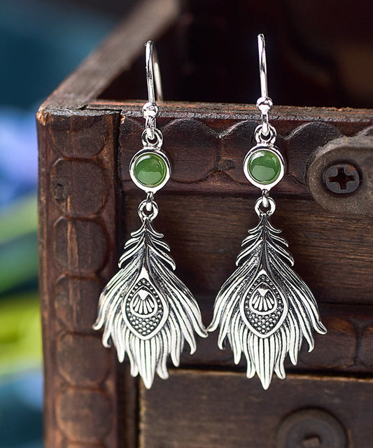 Sterling Silver Jade Feather Drop Earrings
