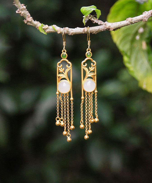 White Sterling Silver Jade Tassel Drop Earrings