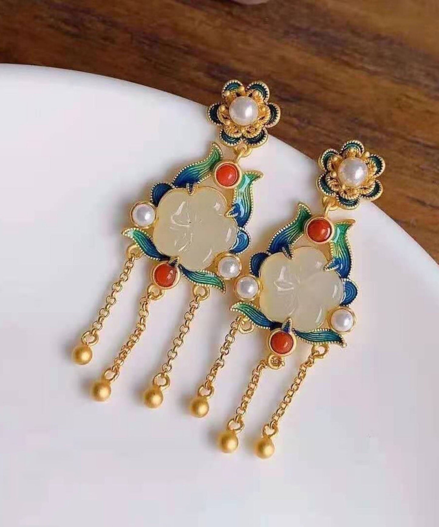 White Sterling Silver Overgild Inlaid Jade Agate Pearl Drop Earrings