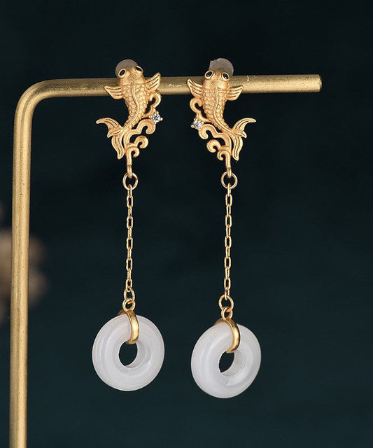 White Sterling Silver Overgild Jade Goldfish Drop Earrings