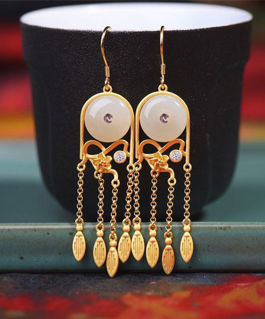 White Tassel Silver Gold Plated Jade Drop Earrings