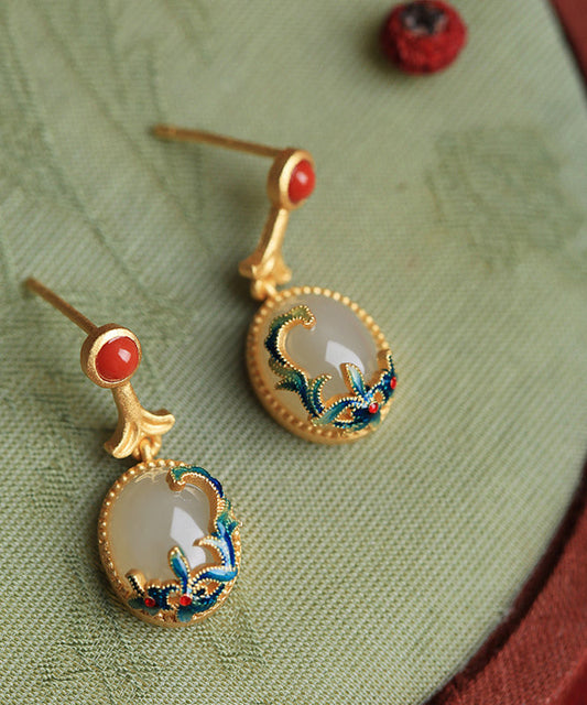 Yellow Copper Overgild Agate Enamel Drop Earrings