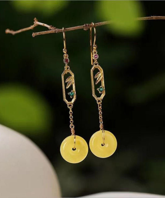 Yellow Sterling Silver Beeswax Amber Ping Buckle Drop Earrings