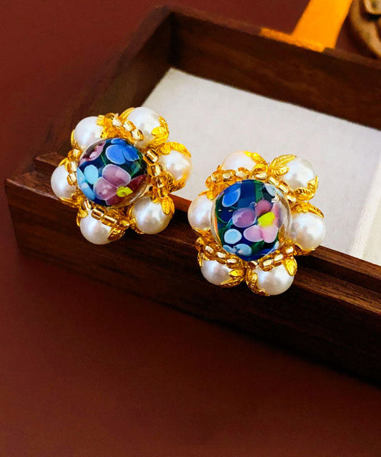 Vogue Gold Copper Overgild Coloured Glaze Pearl Stud Earrings