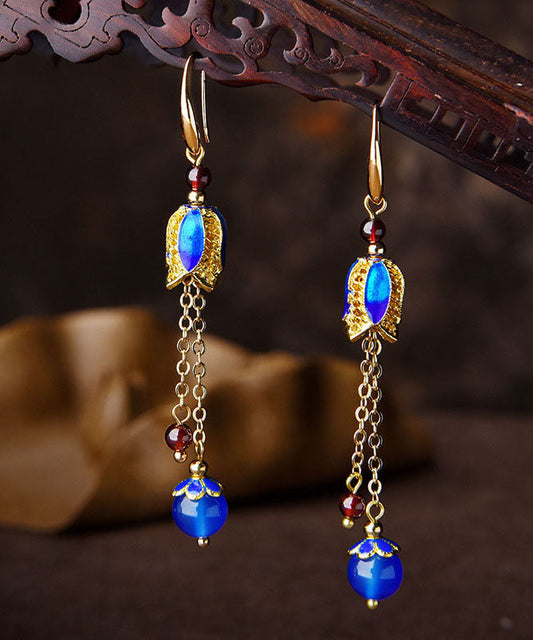 Blue Agate Cloisonne Tassel 14k Gold Drop Earrings