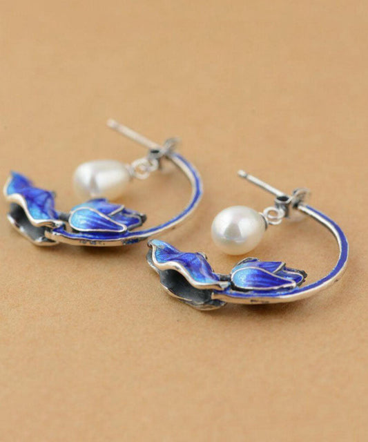 Blue Sterling Silver Cloisonne Inlaid Pearl Lotus Hoop Earrings