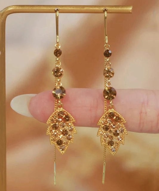 Brown Alloy Zircon Leaves Tassel Drop Earrings