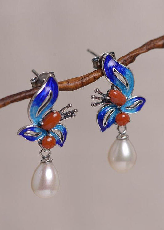 Cloisonne Butterfly Pearl Metal Stud Earrings