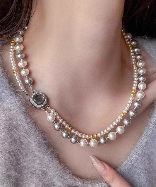 Colorblock Sterling Silver Zircon Double Layer Pearl Square Gratuated Bead Necklace Wq025