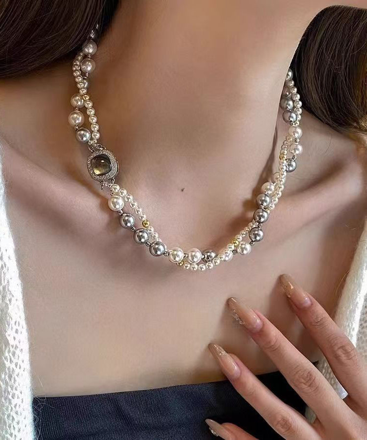 Colorblock Sterling Silver Zircon Double Layer Pearl Square Gratuated Bead Necklace Wq025