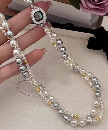 Colorblock Sterling Silver Zircon Double Layer Pearl Square Gratuated Bead Necklace Wq025
