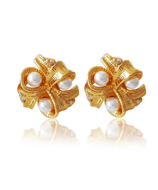 Gold Copper Pearl Glass Stud Earrings
