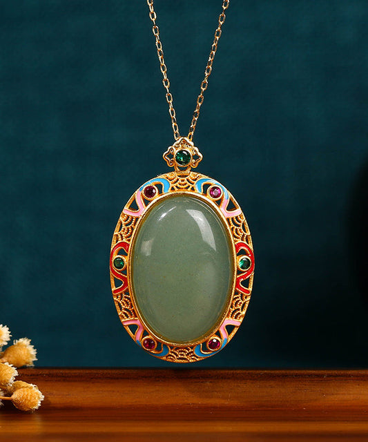 Gold Copper Overgild Jade Enamel Auspicious Clouds Pendant Necklace Kx1058