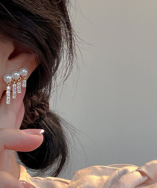 Gold Copper Overgild Zircon Pearl Drop Earrings