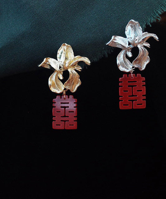 Gold Red Letter Drop Earrings
