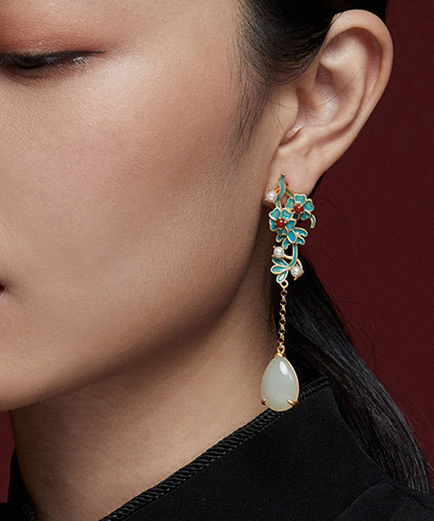 Gold Sterling Silver Jade Pearl Agate Tassel Drop Earrings