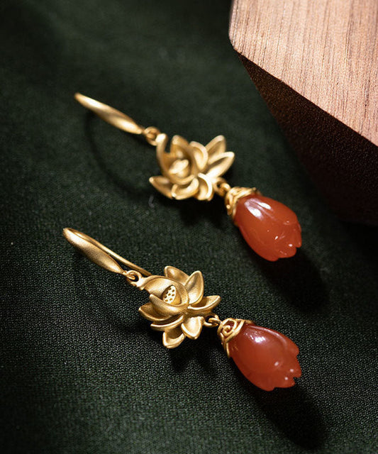 Gold Sterling Silver Overgild Agate Magnolia Flower Drop Earrings