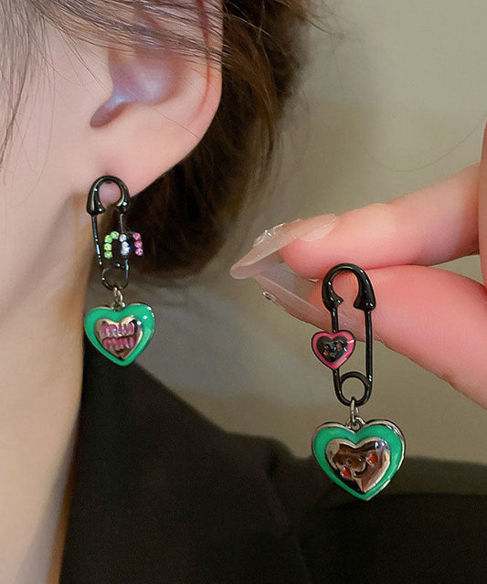 Green Alloy Zircon Graphic Love Drip Glaze Drop Earrings