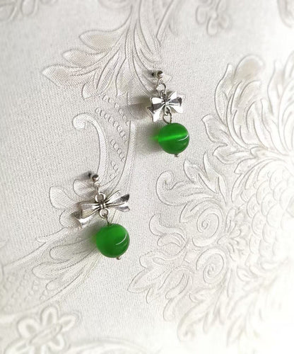Green Copper Alloy Cat's Eye Stone Bow Drop Earrings