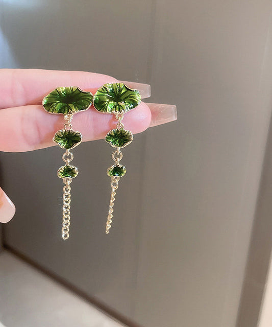 Green Sterling Silver Alloy Louts Tassel Drop Earrings