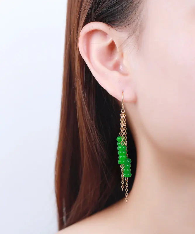 Sterling Silver Overgild Dry Green Abacus Tassel Drop Earrings