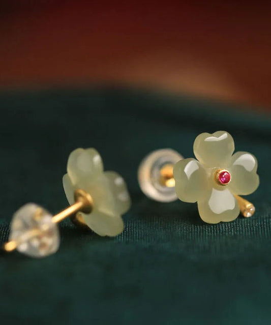 Light Green Sterling Silver Jade Zircon Four Leaf Clover Stud Earrings