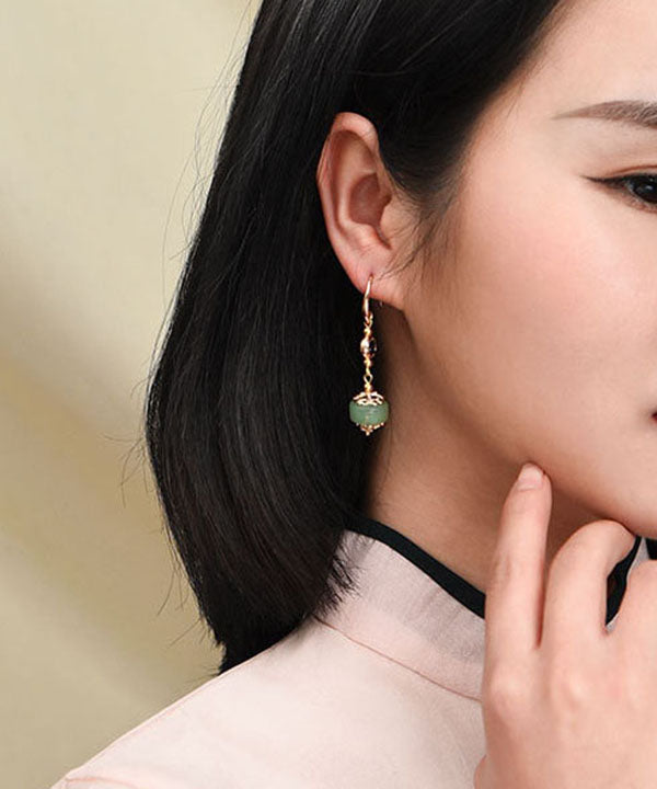 Red Gem Stone and Jade 14k Gold Drop Earrings