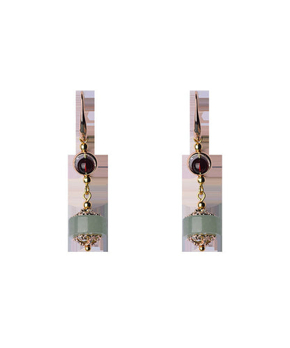 Red Gem Stone and Jade 14k Gold Drop Earrings