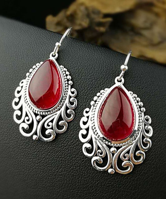 Red Sterling Silver Hollow Out Jade Water Drop Drop Earrings