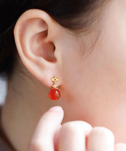 Red Sterling Silver Inlaid Zircon Agate Stud Earrings