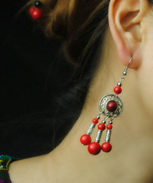Red Stone Tibetan Style Silver Drop Earrings