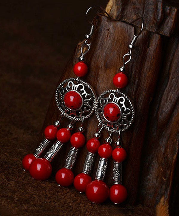 Red Stone Tibetan Style Silver Drop Earrings