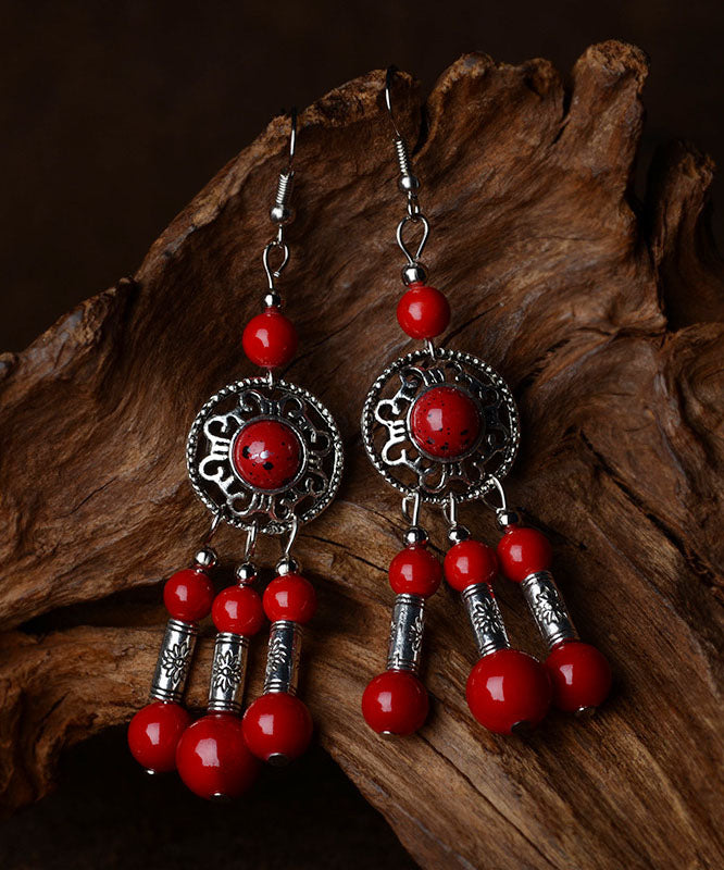 Red Stone Tibetan Style Silver Drop Earrings